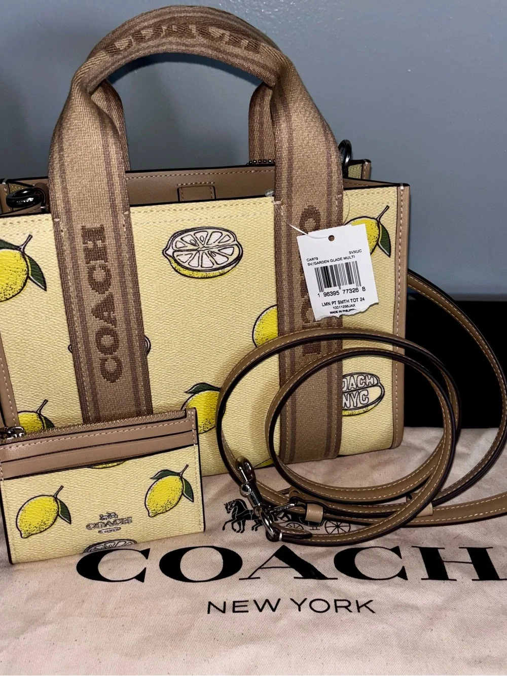 NWT Coach NYC Lemon Mini Tote Crossbody Bag / Matching Zip Card Case & Dust Bag